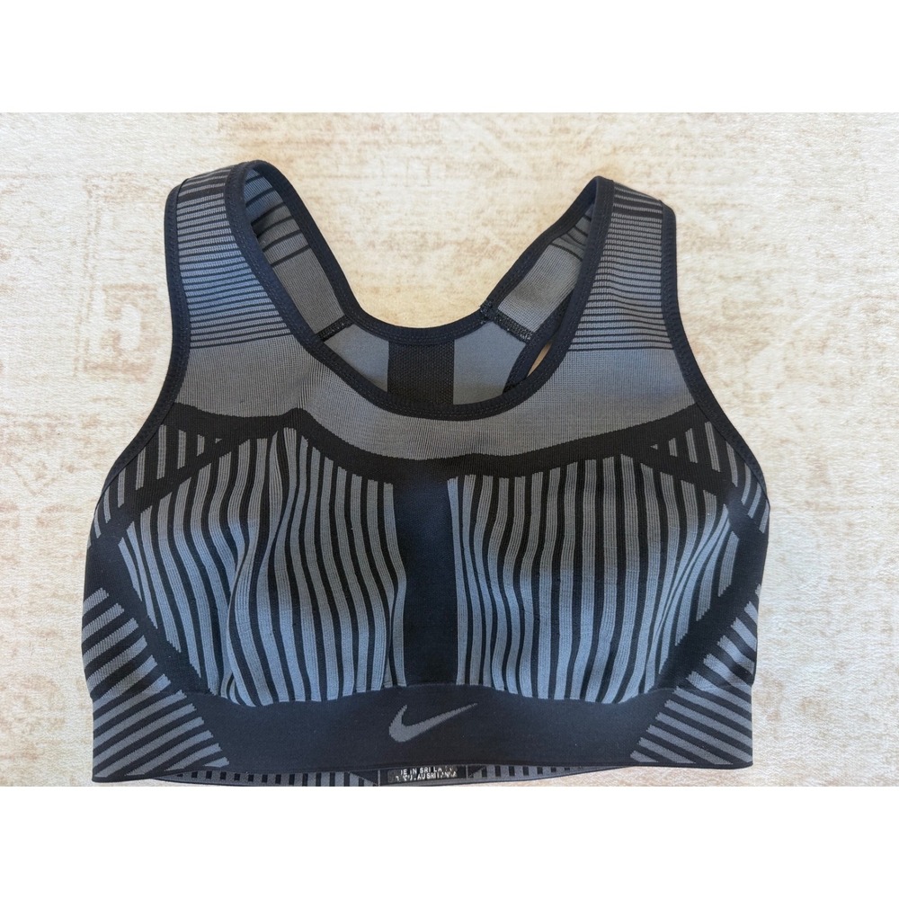 Nike FE/NOM Flyknit Sports Bra Black Grey Striped High Support AJ0844-010 Small